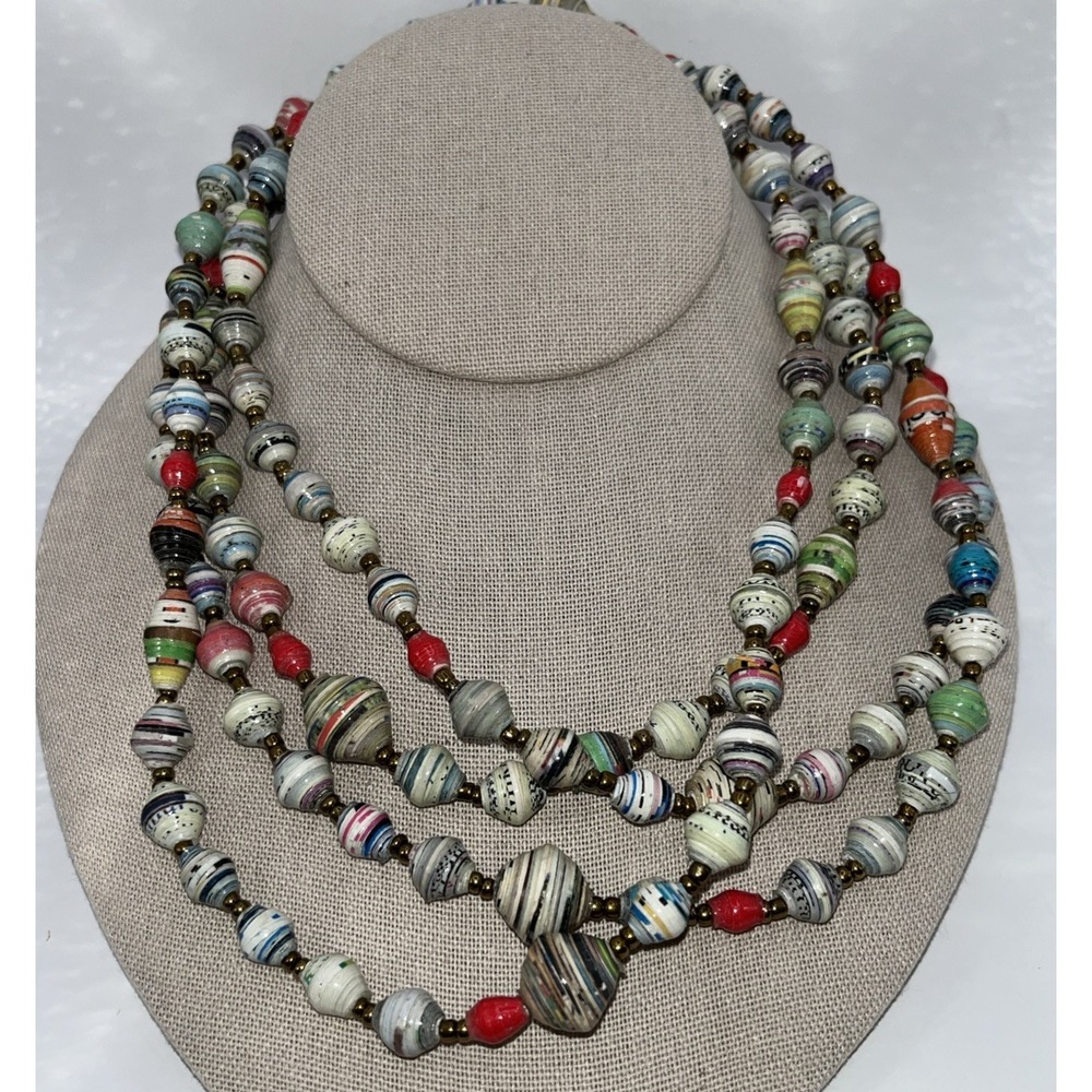 Necklace 32" Multicolor Striped Resin Bead Necklace Boho Statement Artisan Bold